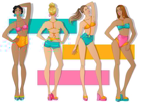Fashion Design Figures Wearing Colorful Swimsuit Collection. Original Designs Inspired by Summer 2022 Runway vector