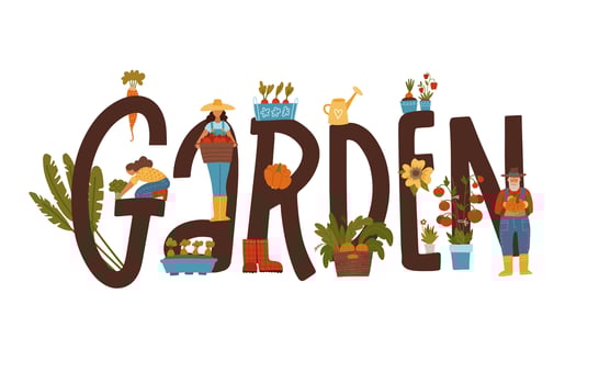 Garden typographical banner with Male and Female Characters Growing Plants in lettering Concept. Gardening People Planting, Harvesting. Seasonal Work Poster. Cartoon Flat Vector Illustration