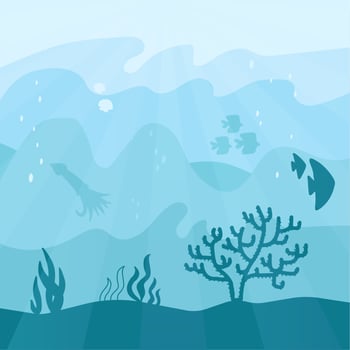 Underwater cartoon flat background with fish silhouette, seaweed, coral, squid, jellyfish. Ocean sea life in different shades of the aquamarine color . Vector illustration of Undersea Landscape