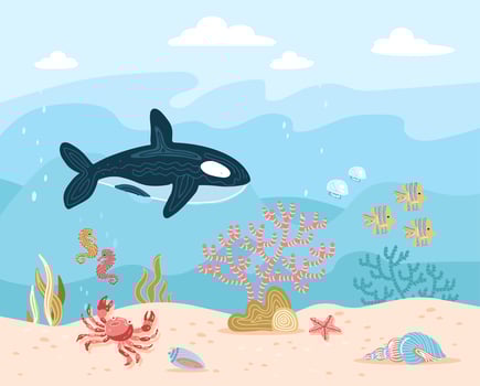 Hand drawn vector cartoon Underwater illustration background with ocean bottom, corals reefs, seaweed,marine inhabitants, fishes,killer whale, seahorse, starfish, shells, sand on blue water waves
