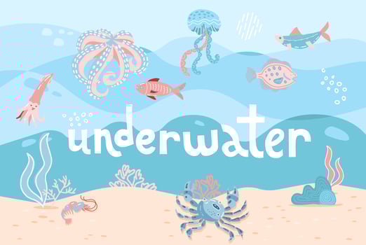 Hand drawn Cartoon Sea Underwater Nature Scene Color Background Web Flat Design with Fish, Seaweed, Marine inhabitants, Sand. Underwater lettering quote. Vector illustration of Undersea Landscape