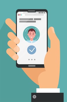 Facial recognition concept. Face ID, face recognition system. Hand holding smartphone with human head and scanning app on screen. Modern application. Flat design graphic elements. Vector flat cartoon