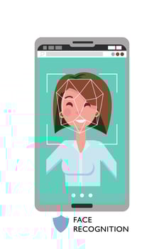 Face id concept. Female face on big smartphone screen. Personality Recognition, modern cellphone with security system. Smiling woman with focus on her face. Flat cartoon vector illustration.