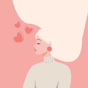 I love you greeting card. Love yourself. Self care woman with big pink heart. Cartoon flat character holding love sign. vector