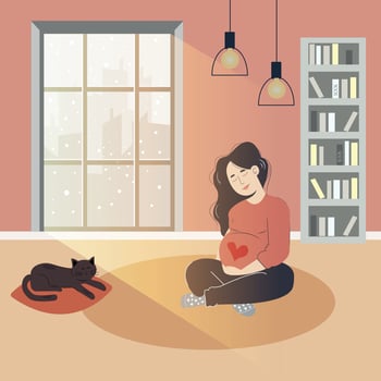 Cute pregnant woman with long hair. The concept of pregnancy, motherhood, family. Flat design with copy space. Happy mum. vector