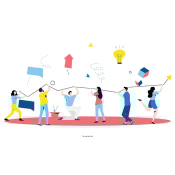 Team work, cooperation, corporate organization, partnership, business graph growth, leadership, innovative business approach, unique ideas and skills, people holding arrow flat vector illustration