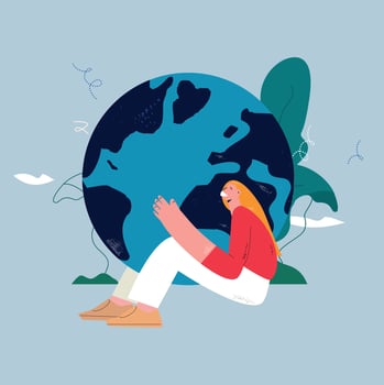 Environmental and ecological concept, save the planet. Woman hugging planet earth flat vector illustration. Caring for our planet, protect water, soil and air from pollution. Sustainability concept