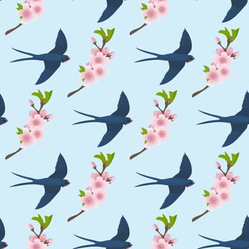 Cherry blossom pattern with swallow.Vector illustration in cartoon style. vector