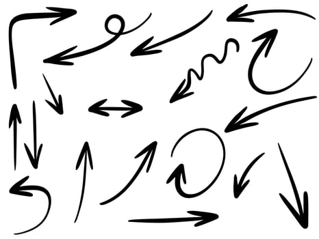 hand drawn arrow icon set isolated on white background. Doodle vector illustration.
