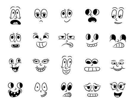 Collection of old retro traditional cartoon animation. Vintage faces of people with different emotions of the 20s 30s. Emoji character expressions 50s 60s. Head faces design elements in comic style vector