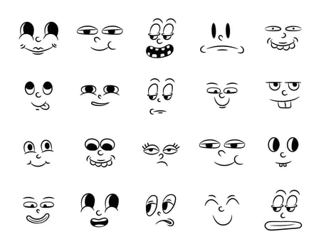 Collection of old retro traditional cartoon animation. Vintage faces of people with different emotions of the 20s 30s. Emoji character expressions 50s 60s. Head faces design elements in comic style vector