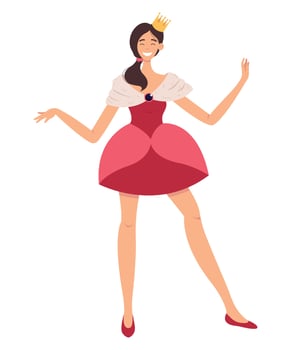 Beautiful young princess in a pink dress with a small crown smiling. Halloween costume for girl. vector