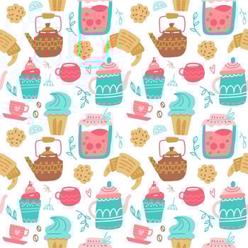 Tea time seamless pattern. Tea party wrapping paper design. Hand drawn doodle illustration with teapots, cups and sweets on white background. vector