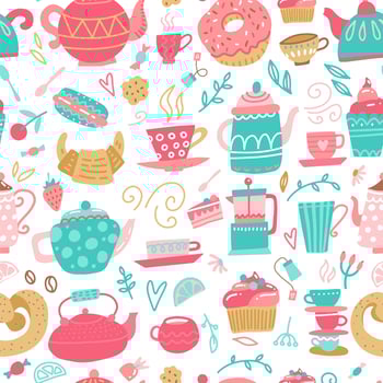 Seamless pattern with hand drawn tea time symbols on white background. Cartoon Color Tea and Sweets backdrop Include of Cup, Teapot, Cake, Cupcake, Candy and Dessert. Vector flat illustration