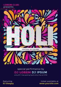 Indian festival of color holi party poster template or flyer design with time and venue details. Hand drawn flat vector pattern with lettering.
