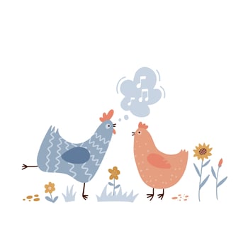 Rooster singing songs for hen. Cute and funny chicken listening to crowing. Colorful flat hand drawn vector illustration isolated on white background