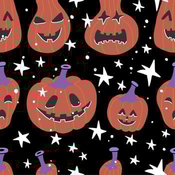 Halloween seamless bright kids doodle pattern. The day of the Dead, Pumpkin with scary faces and stars. Flat vector illustration on black background.