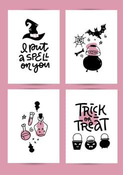 Halloween party invitation, greeting card, poster templates in A4 size set. Hand drawn traditional symbols, cute elements in pink and black colors. Vector simple illustration, lettering.
