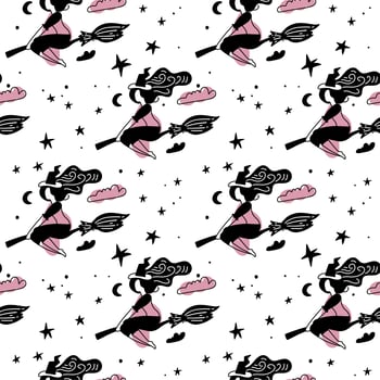 Pink and black Abstract seamless pattern for girls. Creative vector background with young witch on broom for halloween. Funny wallpaper for textile and fabric. Fashion Simple picture for children