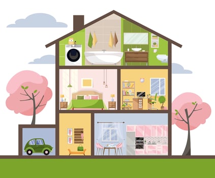 House in cut. Detailed interior. Set of rooms with furniture. Cross section with bedroom, living room, kitchen, dining, bathroom, nursery, garage. Home inside. Flat cartoon style vector illustration.