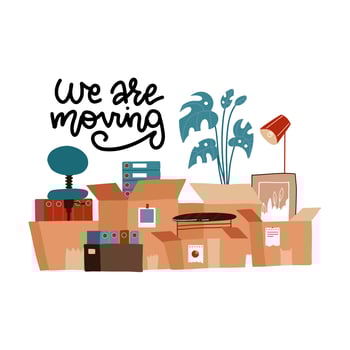 Cardboard boxes with various corporate furniture, things, plants. Office relocation concept. Stack of paper pack with documents. Lettering quote. Vector hand drawn flat style illustration