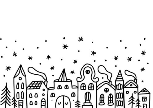 Christmas street house exteriors. Winter graphic black white landscape. Cute border element. Linear doodle vector sketch illustration.