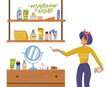Concept of girl and makeup set, woman stands near shelves with cosmetics for face care at home. Vector illustration, flat cartoon style on white isolated background. Lettering quote makeup artist.