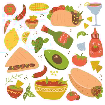 Set of Mexican food traditional menu icon, delicious recipes to cook, authentic cuisine, festival meal. Vector flat hand drawn cartoon illustration isolated on white background.