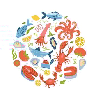 Seafood icons set in round, circle flat style. Sea food collection isolated on white background. Fish products, marine meal design element. Vector flat hand drawn illustration.