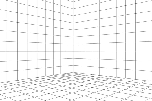 Grid room in perspective, vector illustration in 3d style. Indoor wireframe from lines, template interior square, digital empty box. Abstract geometric design background