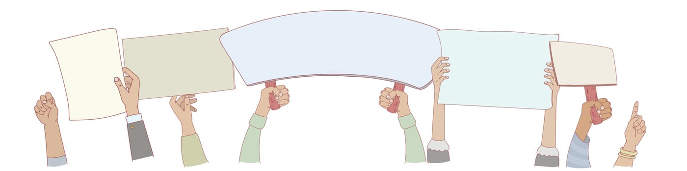 Protesters banners. Concept of hands hold different banners. peace protest poster and blank vote placards. Manifestation protest, holding demonstration placard vector