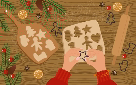 Baking Christmas cookies top view, flatley concept. Women's hands on the table with dough, molds, flour, a board and decor. Cones, poinsettia, berries, fir branches, sugar cane. Vector illustration