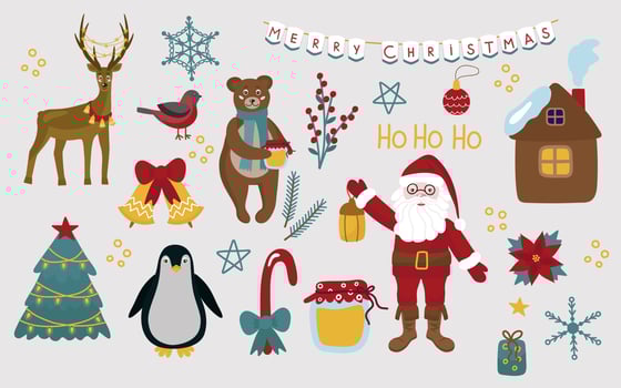 Christmas set of elements with Santa Claus, deer, bear, penguin, bullfinch, pine, snowflakes. New year holiday vector illustration in cartoon style.