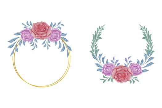 Hand drawn blooming watercolor floral frame with rose and peony vector