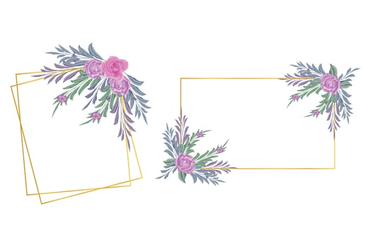 Wedding golden frame with watercolor purple peonies and pink rose vector