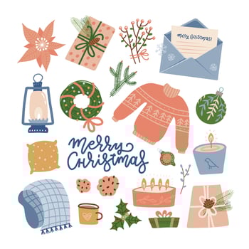 Collection of Christmas things - decorations, holiday giftboxes, winter knitted sweater, wreath and letter isolated on white background. Colorful flat vector illustration