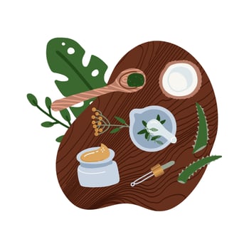 Flat lay natural cosmetics ingredients - plants, coconut. Top down view of homemade organic cosmetic. Hand made beauty products. Cosmetic made at home concept. Flat vector illustration.