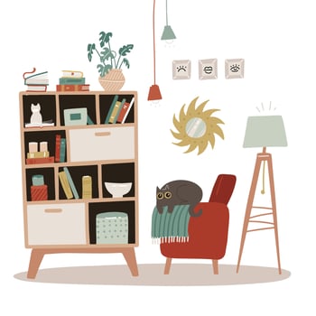 Interior of a living room with bookcase. Isolated concept of home furniture for reading - bookshelves, armchair , tripod lamp and cat. Scandinavian cozy style. Flat hand drawn vector illustration