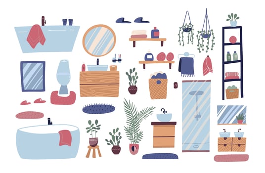 Bathroom furniture set. Big collection of furniture, plumbing, personal hygiene products. Vector flat graphic design cartoon illustration.