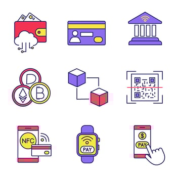 E-payment color icons set. Electronic money. Cashless and contactless payments. Digital purchase. Online banking. NFC technology. Isolated vector illustrations