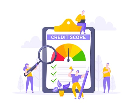 Credit score report with arrow gauge speedometer indicator with color levels on giant clipboard. vector