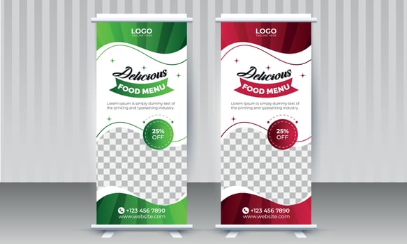 Attractive Modern Food X Roll-Up Banner Design Template for Restaurant and Cafe Business with two different beautiful color scheme and organic shapes vector
