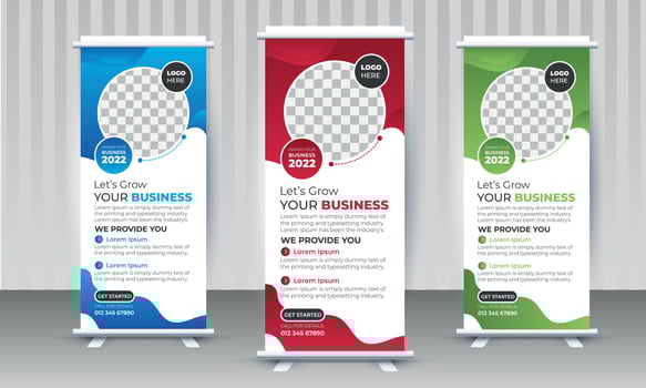 Modern Corporate Business Roll-Up Banner Design Template with multiple Color Blue, Red, Green vector
