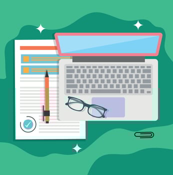 Top view of office desk workspace with laptop computer and various stationery objects for isolated work. vector