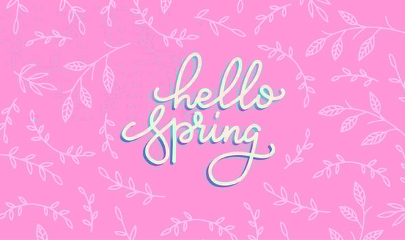 Hello spring banner. Trendy bright pink texture. Horizontal concept with branches pattern. Vector Lettering text. Fashionable styling.