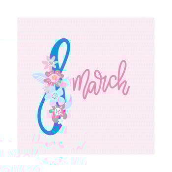 Happy International Women's Day 8 March. Greeting card template with flat hand drawn blooming abstract flowers in blue and pink colors around big number 8 on patterned background with lettering vector