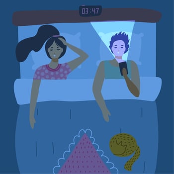 Sleepless Couple lying in bed and using mobile phones. Addiction, unhealthy habit, sleepless concept for banner. Gadget and internet addicted users flat vector illustration.