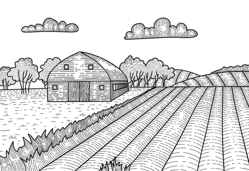 Rural landscape in engraving graphic style. Hand drawn sketch converted to vector Illustration. Countryside with a farm, barn house.