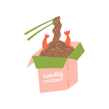 Wok box with shrimps and soba noodles. Traditional asian food. Chinese, Japanese cuisine. Fast food takeout in a box. Minimalistic flat hand drawn design. Isolated on white cartoon illustration vector