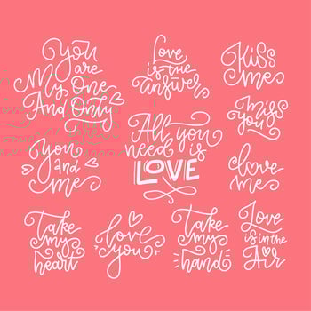 Set of decorative design elements representing Valentine s day related quotes and words. Hand written linear texts on red background for banners abd cards. vector